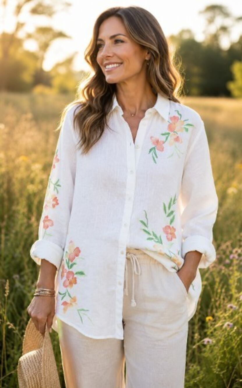 J. Jill White Floral Embroidered 100% Linen Button Down shirt large quiet luxury